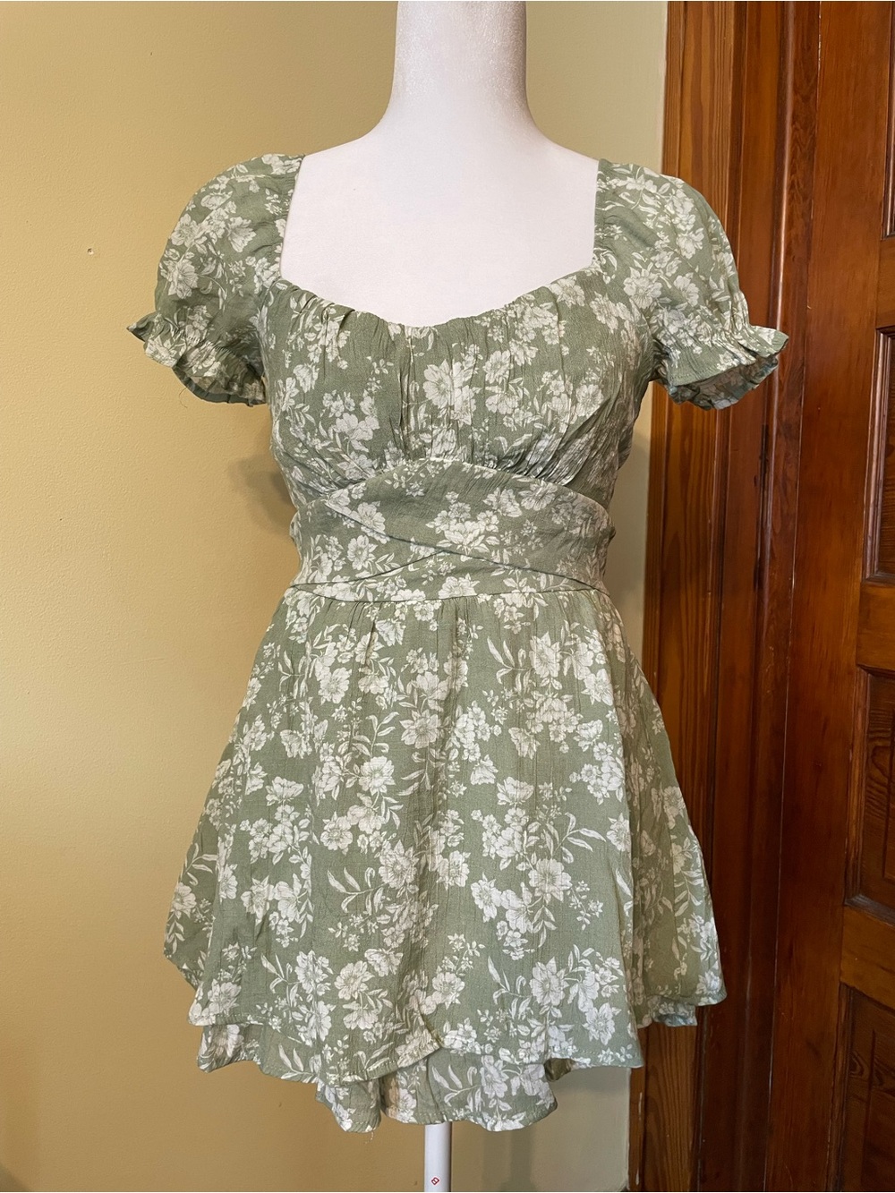 Francesca’s Floral Puff-Sleeve Romper Dress in Sage Green